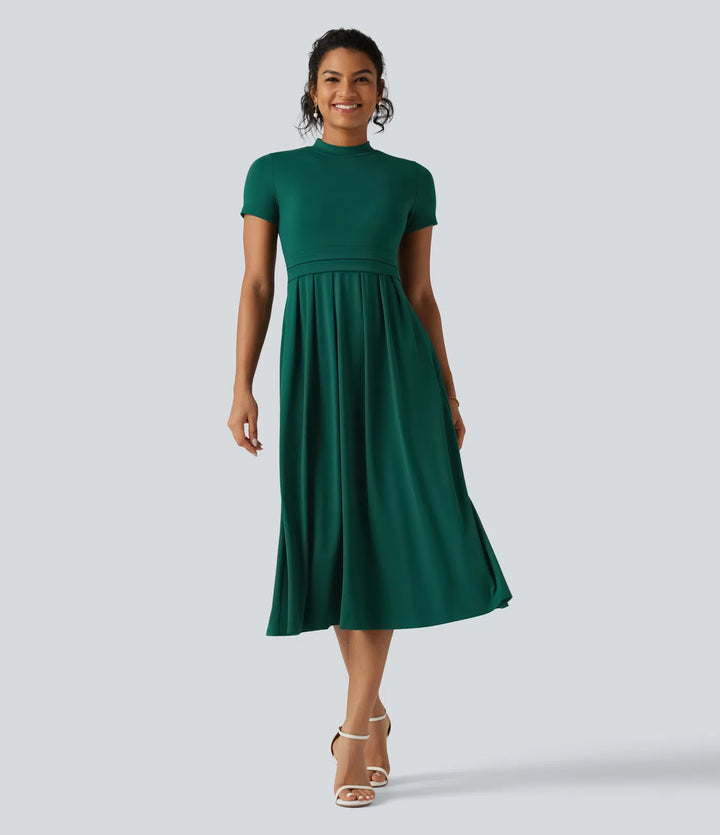 Stand Collar Short Sleeve Flare Midi Casual Dress with Pockets