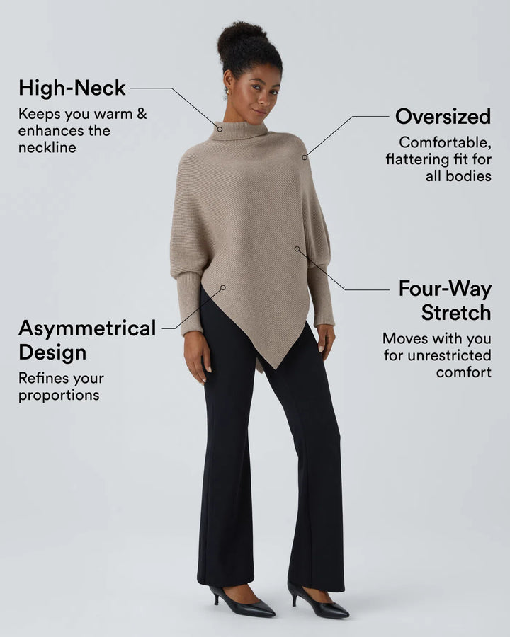 High Neck Long Sleeve Asymmetric Hem Work Sweater
