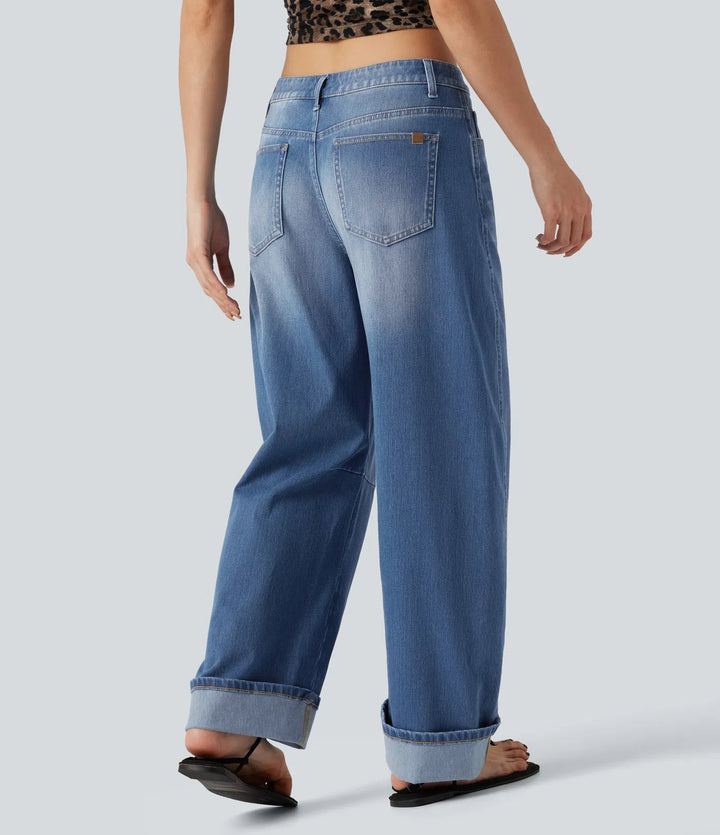 Halara Flex Low Rise Rolled Hem Casual Barrel Leg Jeans with Pockets
