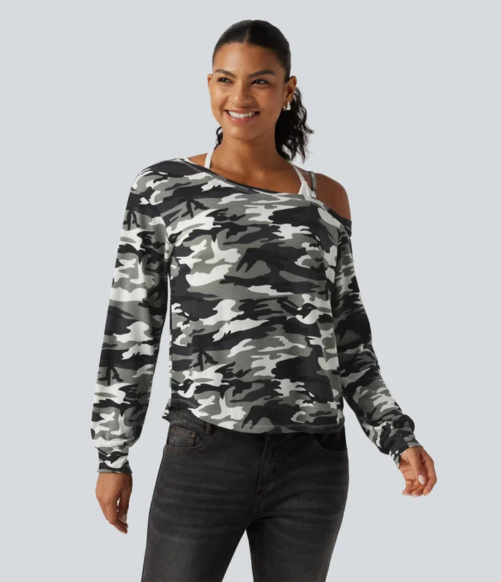 One Shoulder Long Sleeve Camo Casual Top
