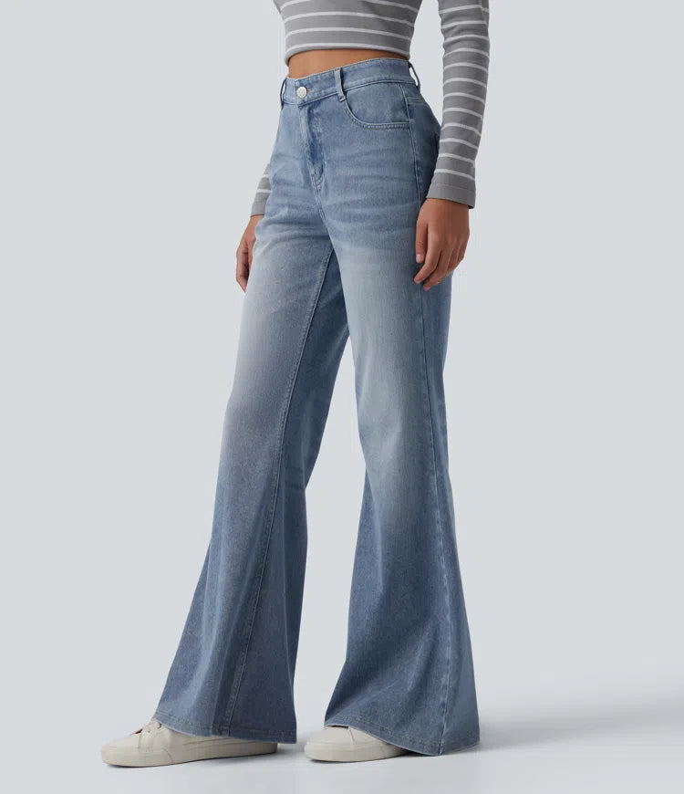 Halara Flex Mid Rise Washed Casual Flare Jeans with Pockets
