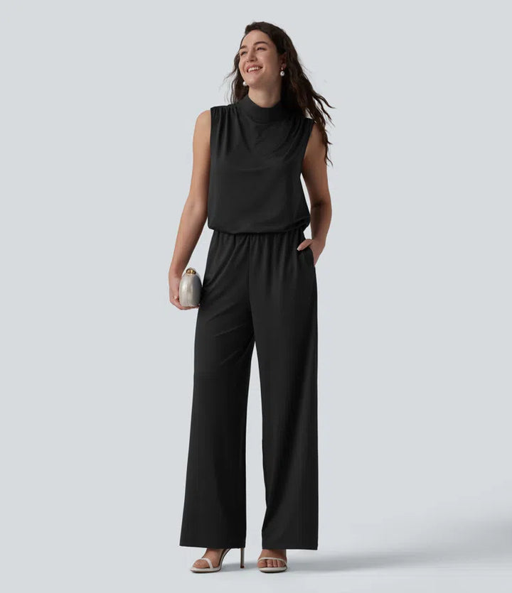 Stand Collar Sleeveless Straight Leg Bridesmaid And Wedding Guest Jumpsuit with Pockets-Easy Peezy