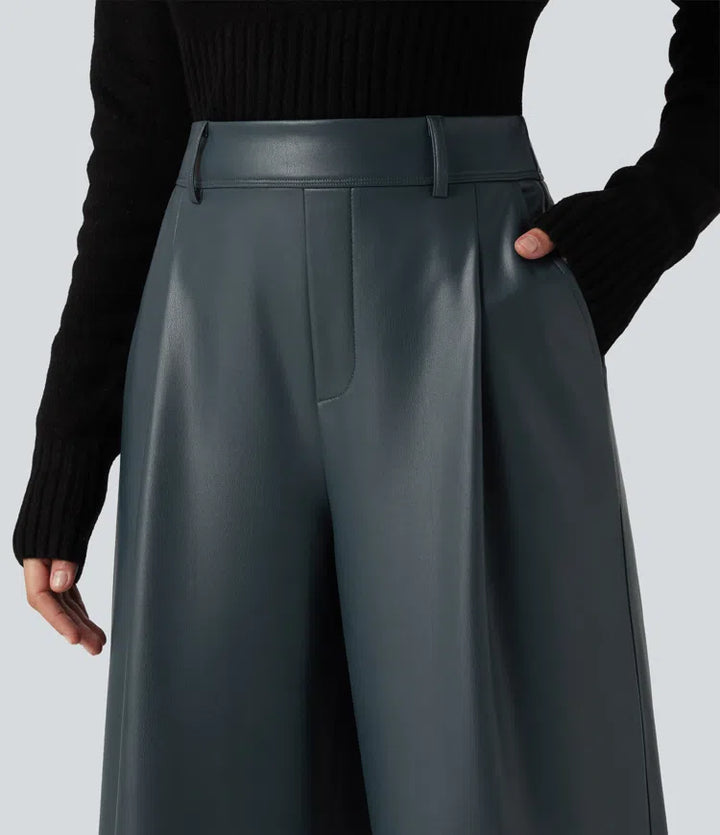 High Waisted Wide Leg Stretchy PU Fleece Casual Pants with Pockets