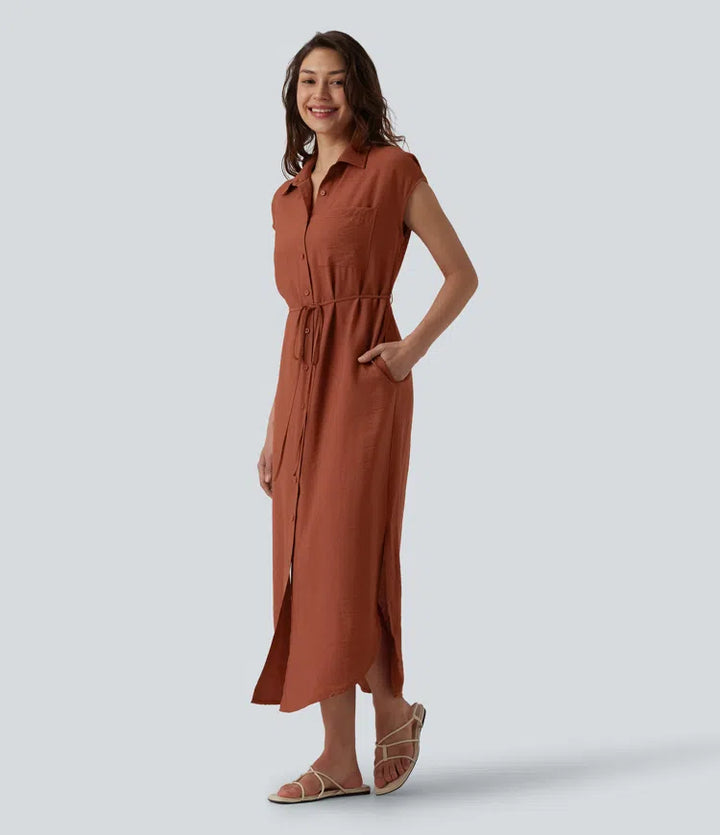 Collar Cap Sleeve Belted Curved Split Hem Midi Casual Shirt Dress with Pockets