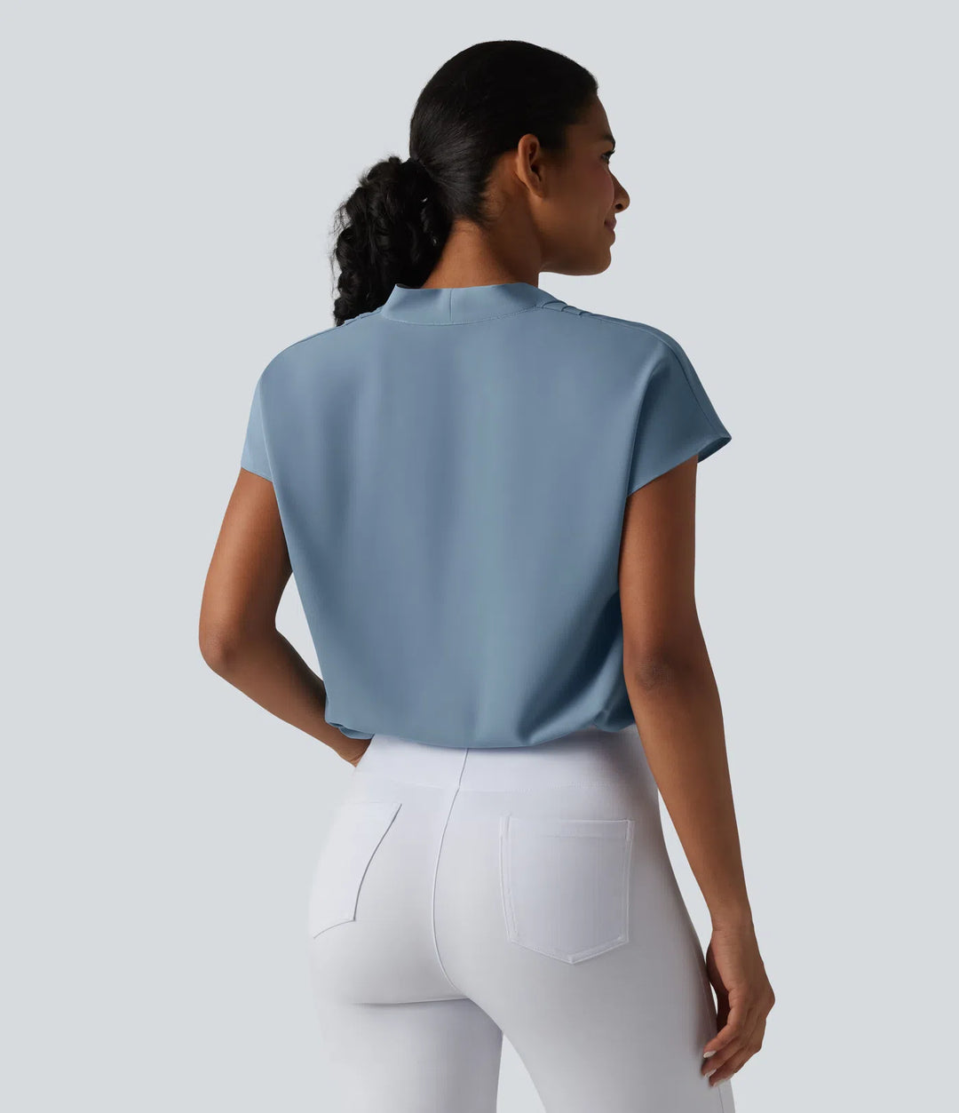 Wrinkle Recovery V-neck Batwing Sleeve Loose Fit Work Blouse