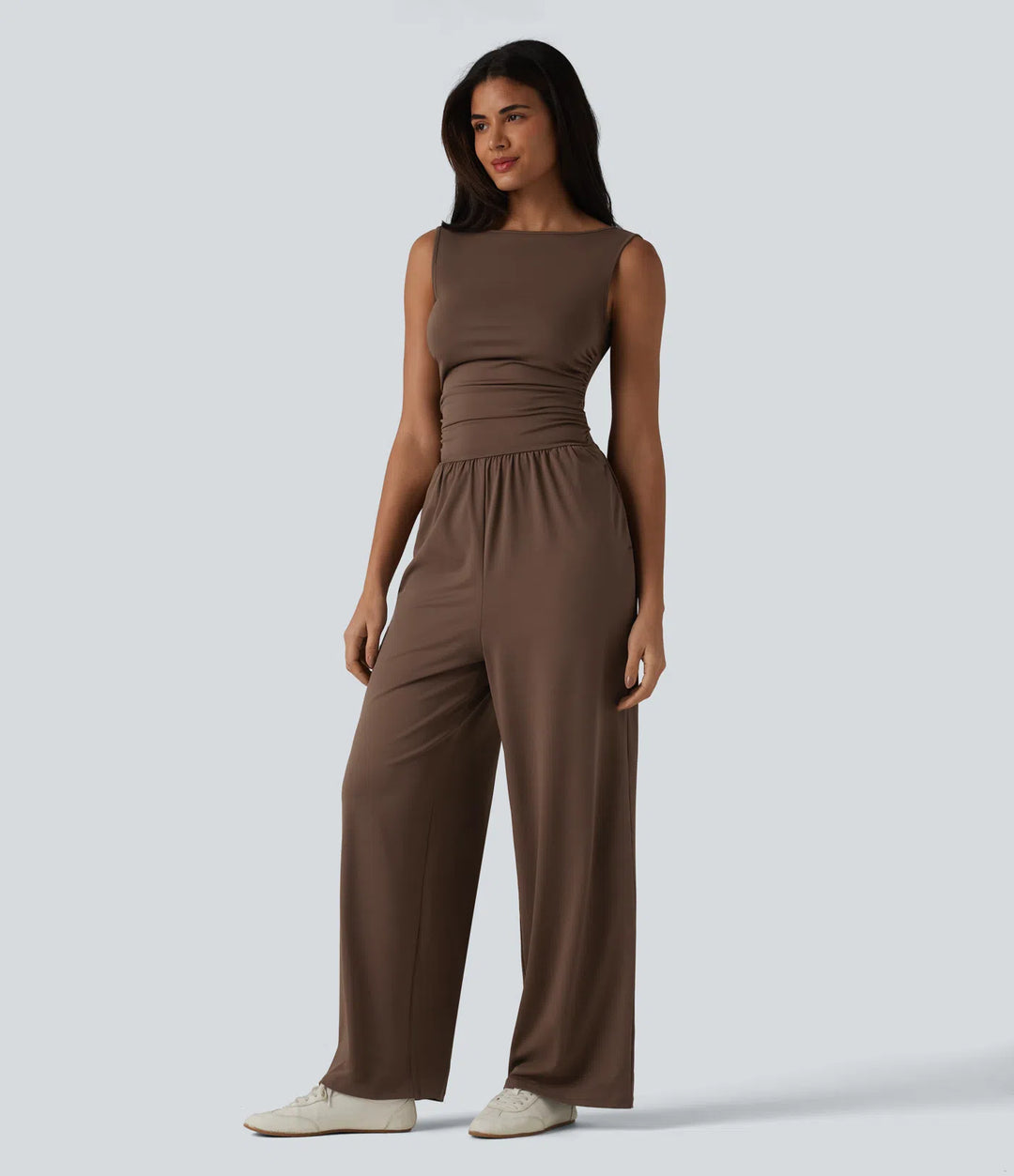 Boat Neck Sleeveless Ruched Wide Leg Casual Jumpsuit with Pockets-Easy Peezy Edition