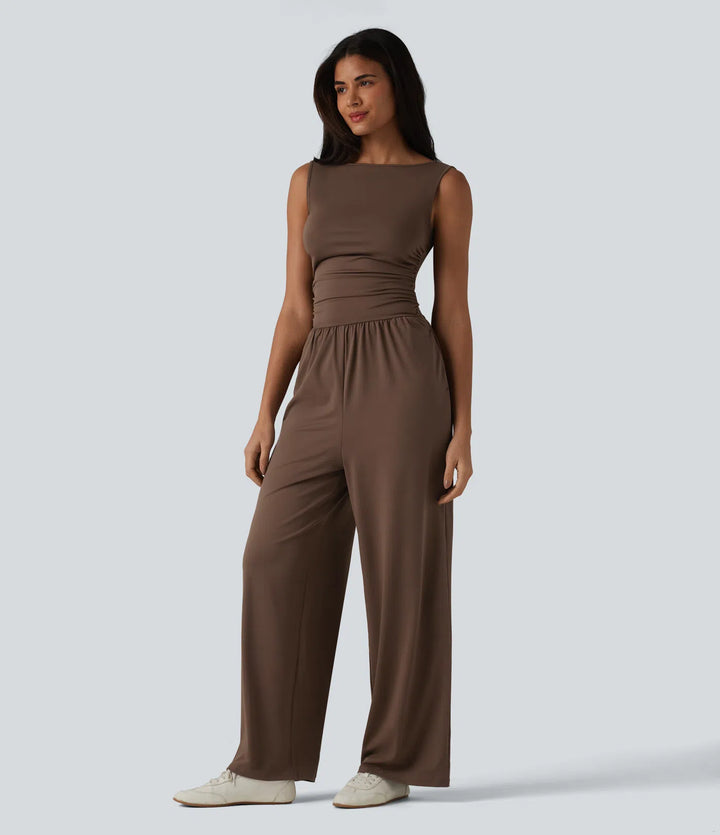 Boat Neck Sleeveless Ruched Wide Leg Casual Jumpsuit with Pockets-Easy Peezy Edition