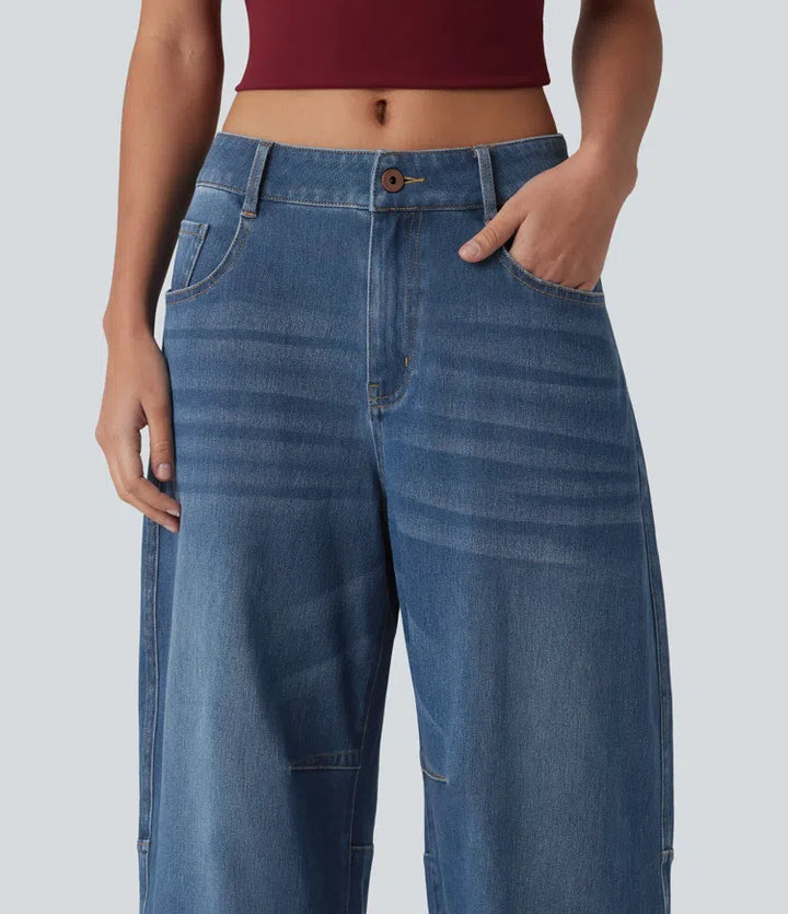 Halara Flex Low Rise Zipper Pockets Barrel Leg Casual Jeans