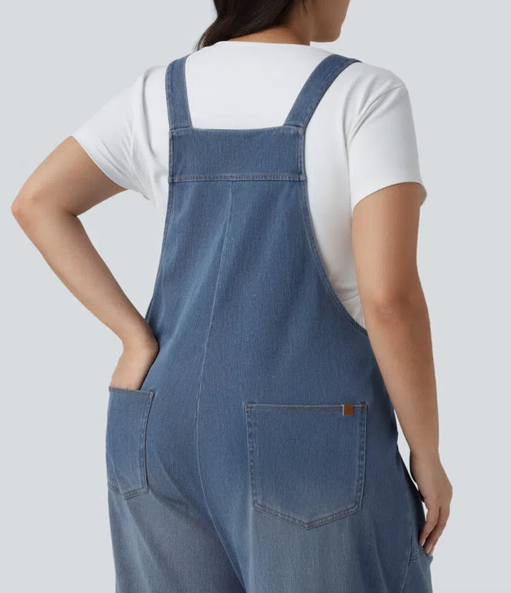 Plus Size Halara Flex Square Neck Washed Denim Casual Overalls with Pockets