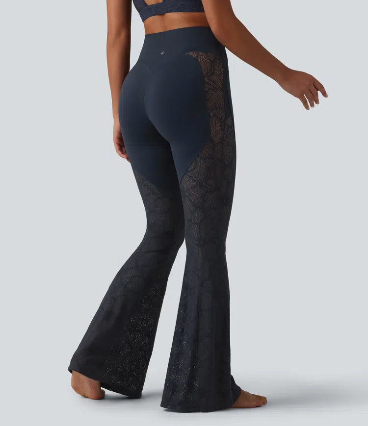 Halara UltraSculpt High Waisted Tummy Control Contrast Lace Yoga Flare Leggings with Pockets