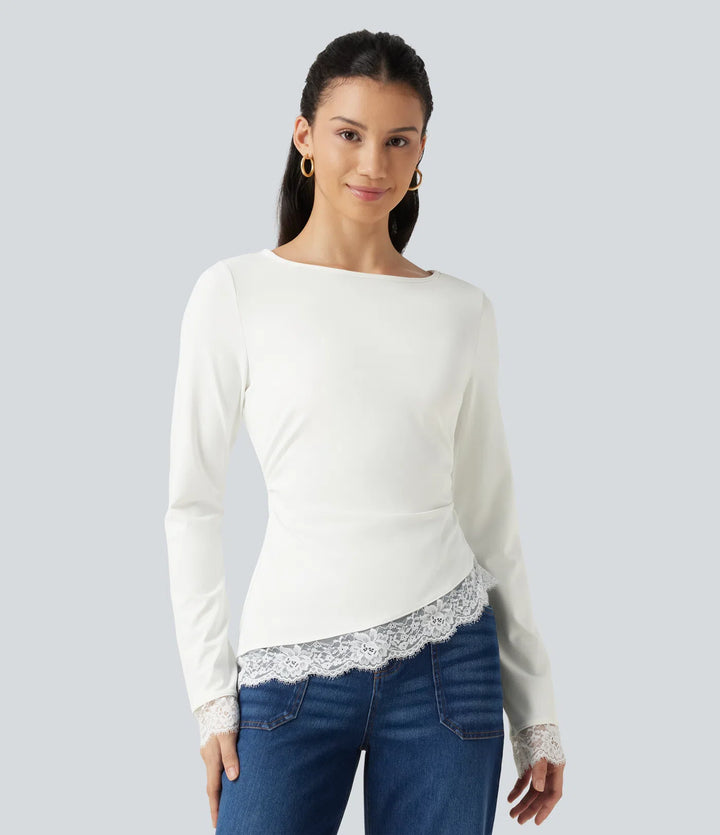 Boat Neck Long Sleeve Contrast Lace Asymmetric Hem Casual Top