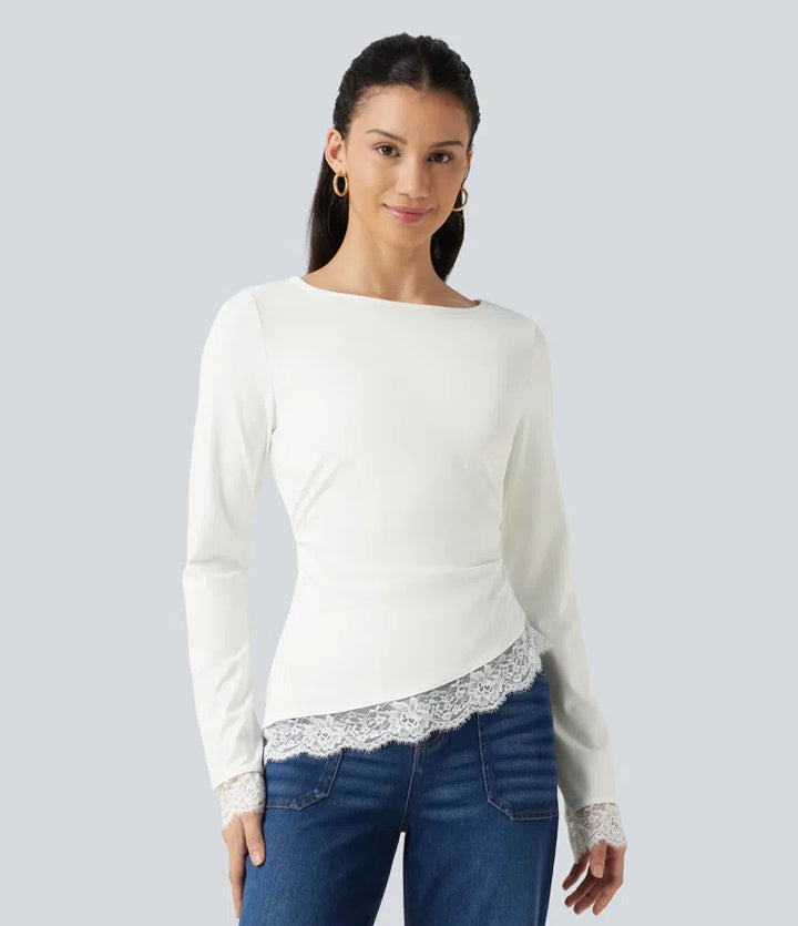 Boat Neck Long Sleeve Contrast Lace Asymmetric Hem Casual Top