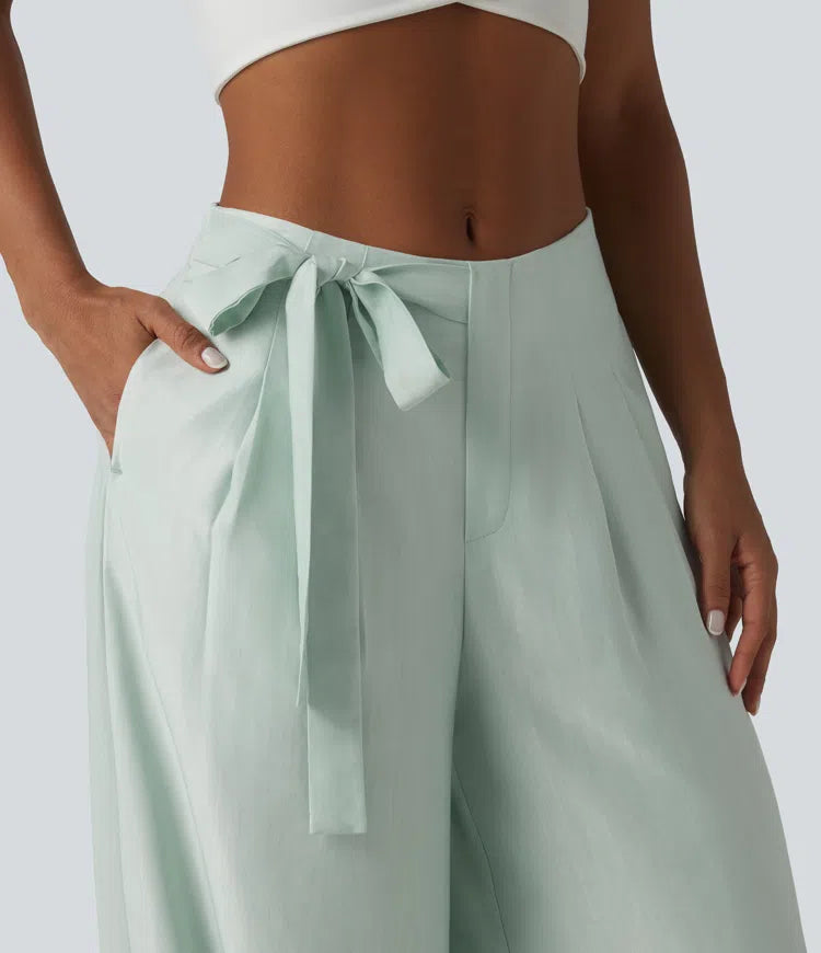 High Waisted Tie Side Baggy Linen-Blend Pants with Pockets