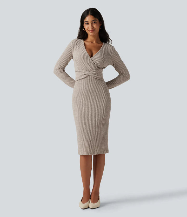Ribbed Knit V Neck Long Sleeve Bodycon Midi Casual Dress