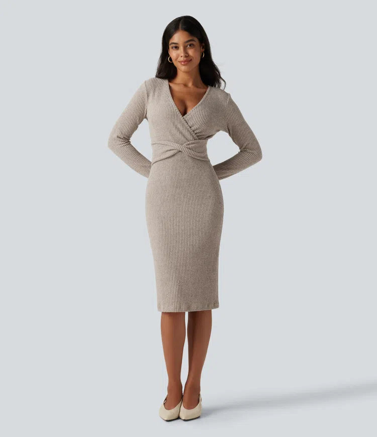 Ribbed Knit V Neck Long Sleeve Bodycon Midi Casual Dress