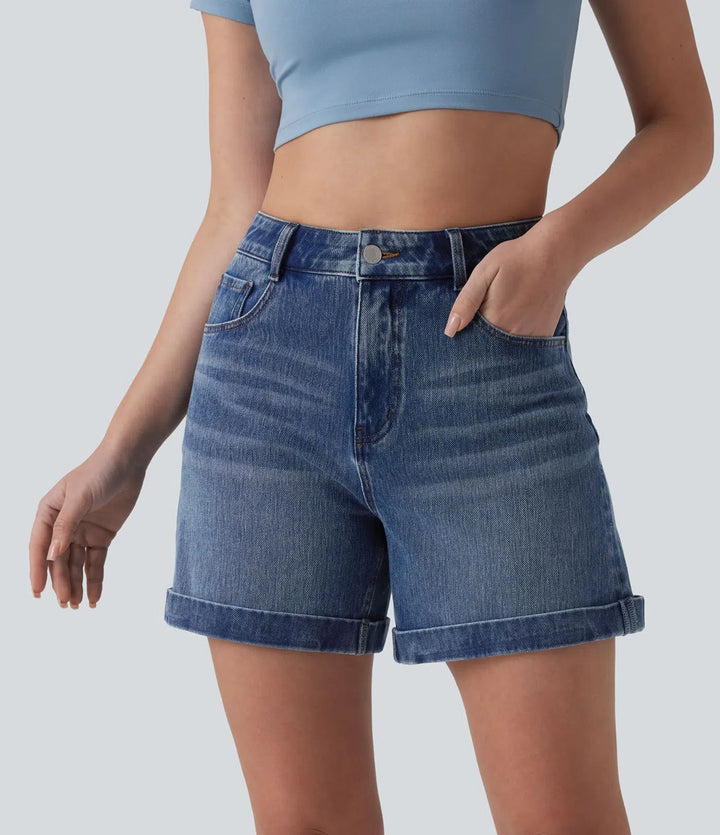 Halara Flex Mid Rise Rolled Hem Denim Casual Shorts 5&