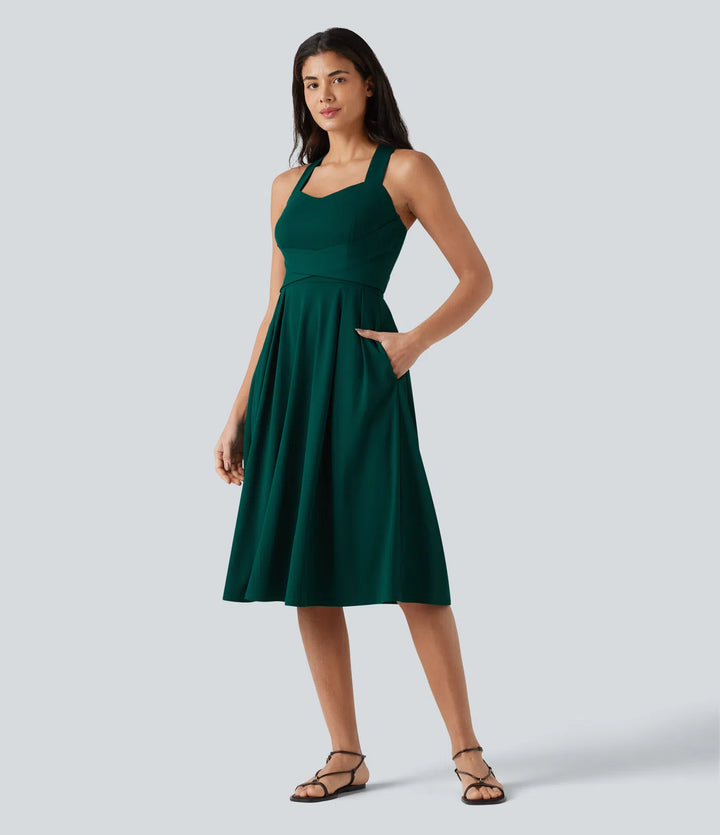 Sweetheart Neck Sleeveless Crisscross Tie-back Midi Casual Flowy Dress with Pockets