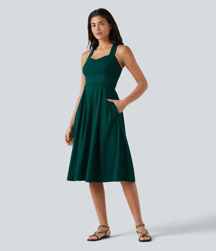 Sweetheart Neck Sleeveless Crisscross Tie-back Midi Casual Flowy Dress with Pockets