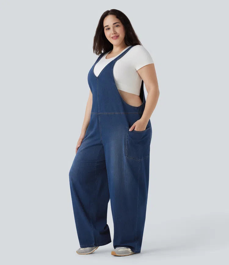 Halara Flex V Neck Washed Denim Casual Plus Size Overalls with Pockets