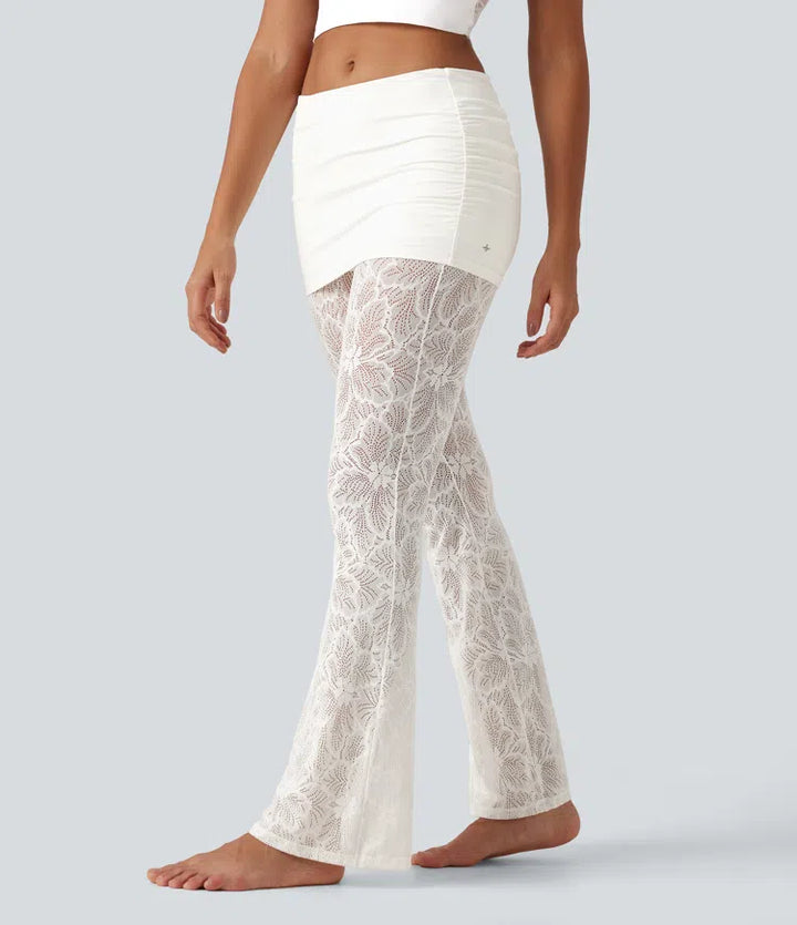 SoftlyZero High Stretch Lace Bootcut Casual Skirted Leggings with Pockets