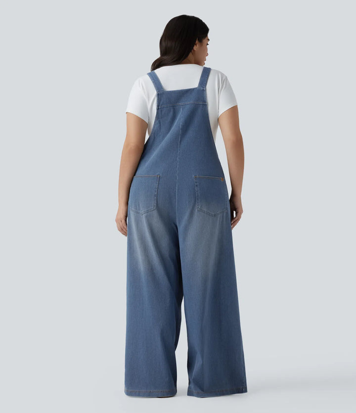 Plus Size Halara Flex Square Neck Washed Denim Casual Overalls with Pockets