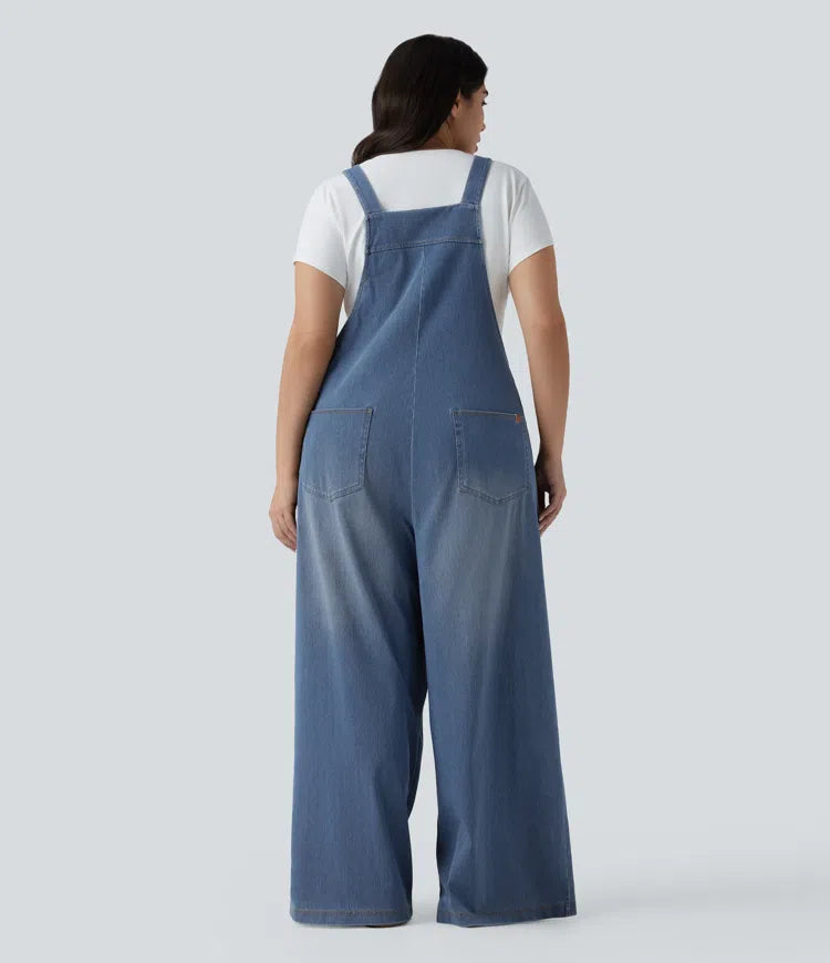 Plus Size Halara Flex Square Neck Washed Denim Casual Overalls with Pockets
