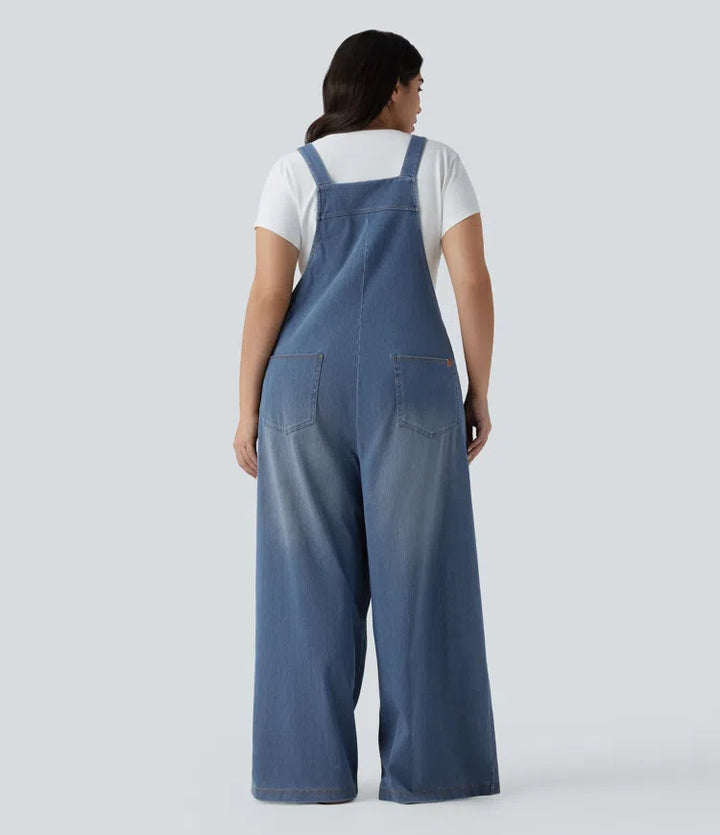 Plus Size Halara Flex Square Neck Washed Denim Casual Overalls with Pockets