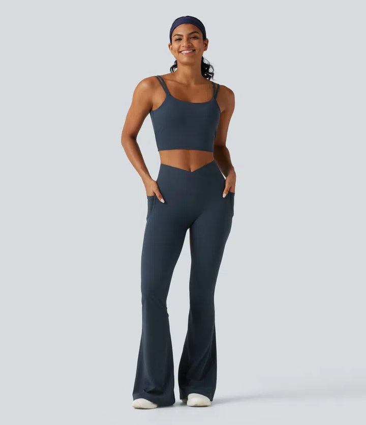 Halara UltraSculpt High Waisted Crossover Tummy Control Flare Workout Leggings with Pockets