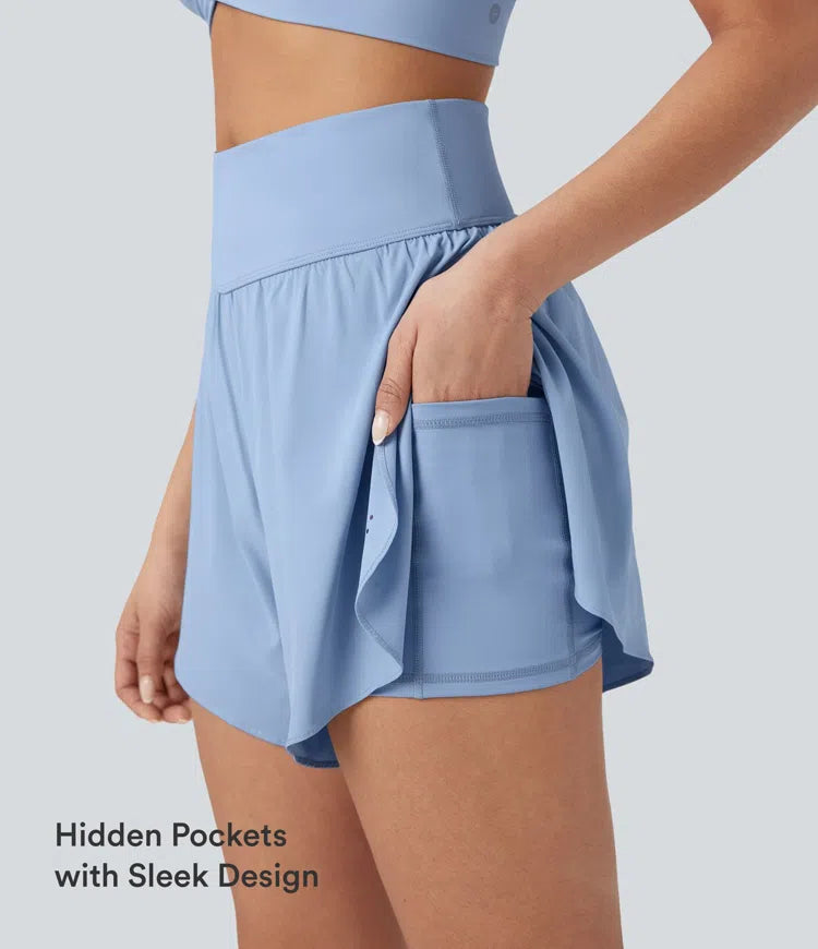 SoftlyZero QuickDry High Waisted Tummy Control Reflective Dots Crossover Hem 2-in-1 Running Shorts 5&