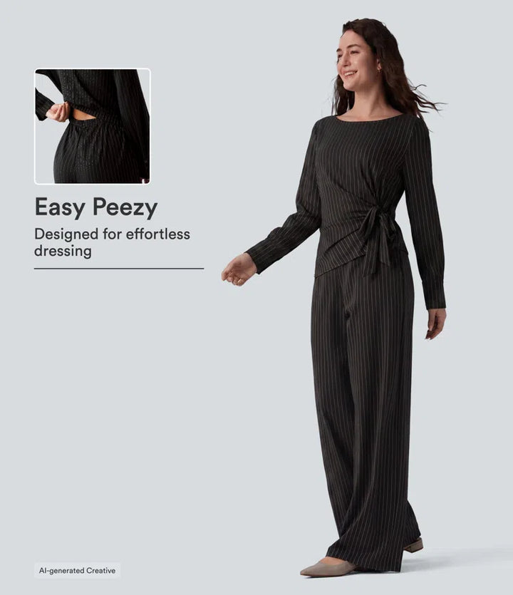 Boat Neck Long Sleeve Tie Side Cool Touch Stripe Work Jumpsuit with Pockets-Easy Peezy Edition