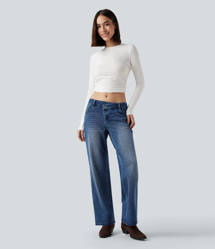 Halara Flex Asymmetric Low Rise Straight Leg Casual Jeans with Pockets
