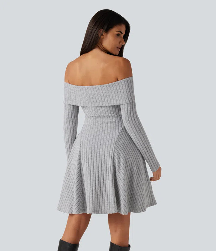 Ribbed Knit Off Shoulder Long Sleeve Built-in Bra Mini Casual Dress with Pockets