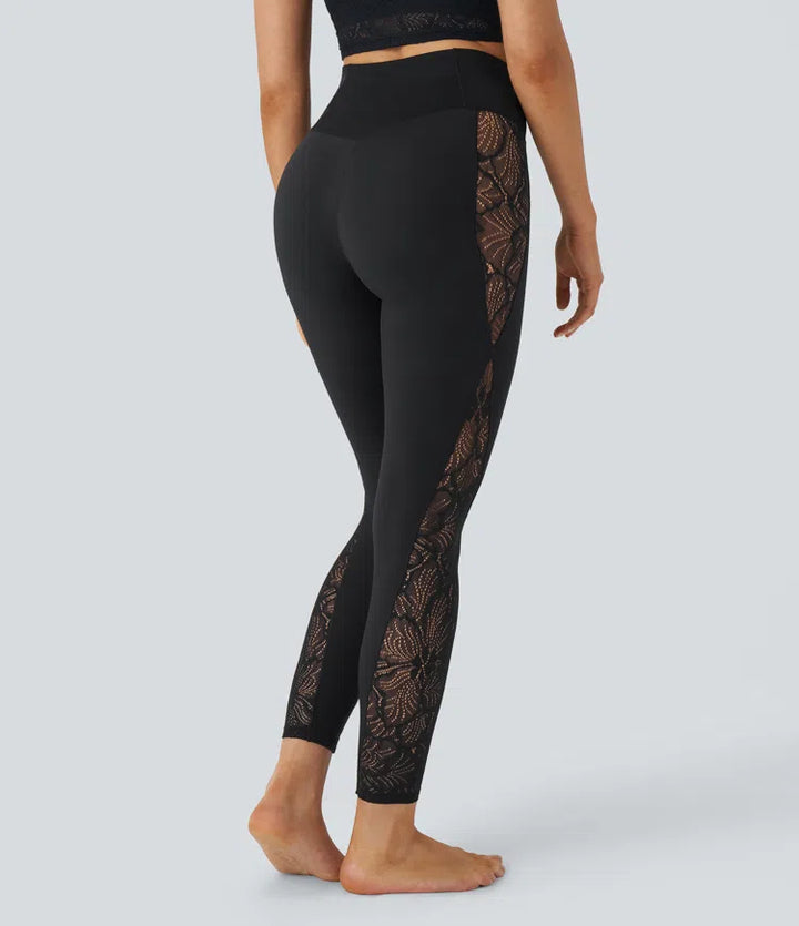 SoftlyZero High Waisted Crossover Contrast Lace Pocket Yoga Leggings