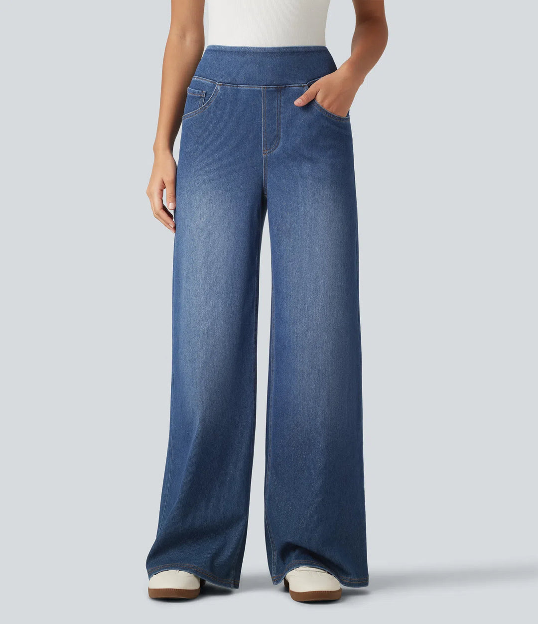 HalaraFlex High Waisted Wide Leg Silver Shine Casual Jeans with Pockets