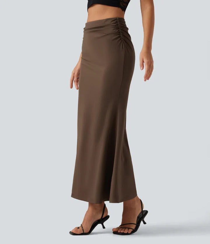 Tummy Control High Waisted 2-in-1 Ruched Casual Midi Mermaid Skirt