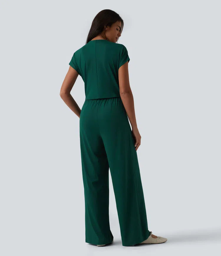 V Neck Short Sleeve Wide Leg Casual Jumpsuit with Pockets-Easy Peezy Edition