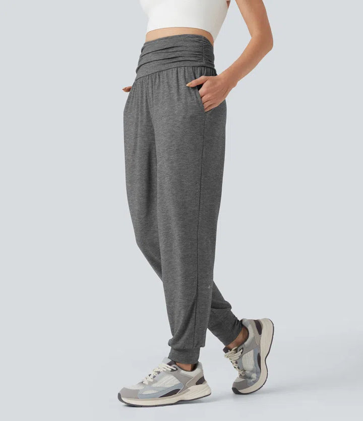 High Waisted Ruched Heathered Yoga Joggers with Pockets