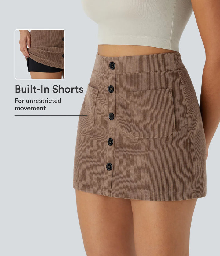 High Waisted Pocket Zipper 2-in-1 Corduroy Mini Casual Skirt
