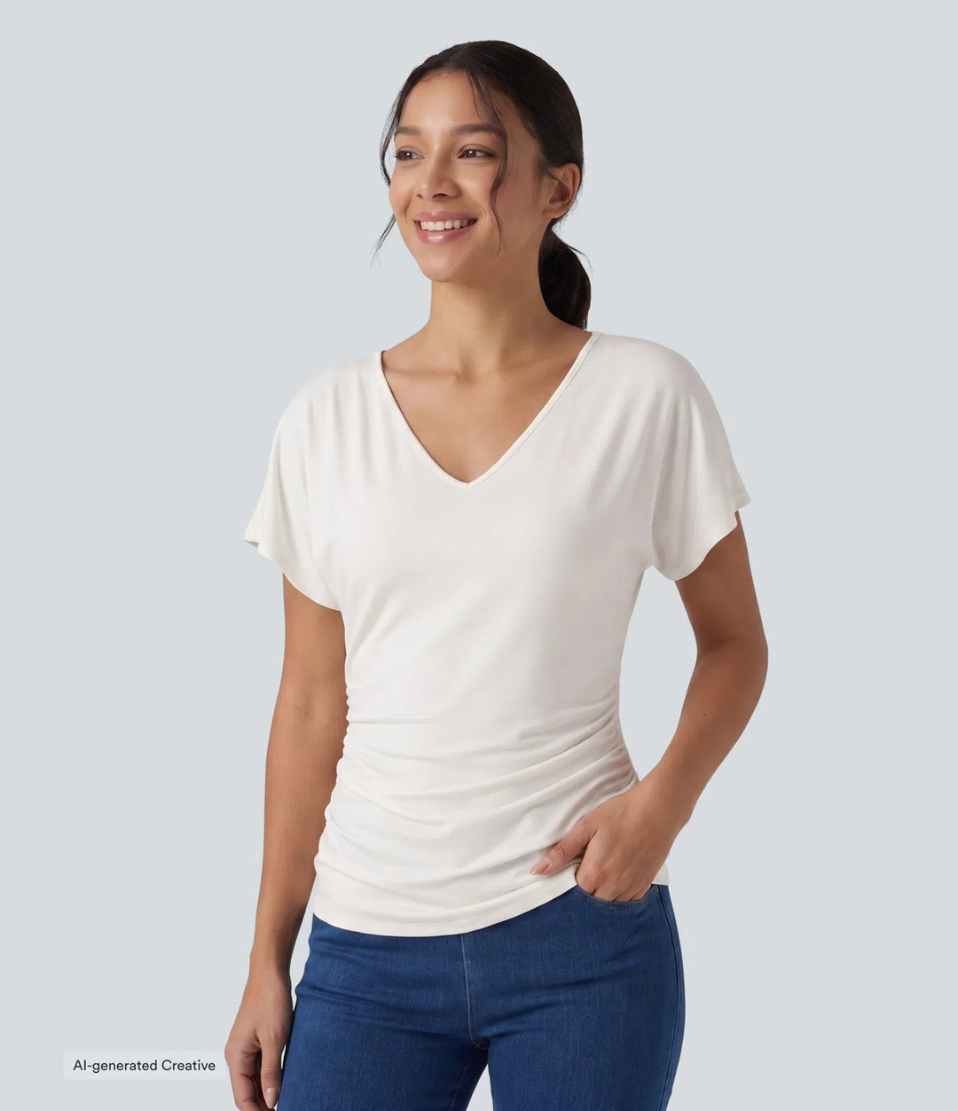 V-Neck Short Sleeve Ruched Slim Casual T-Shirt