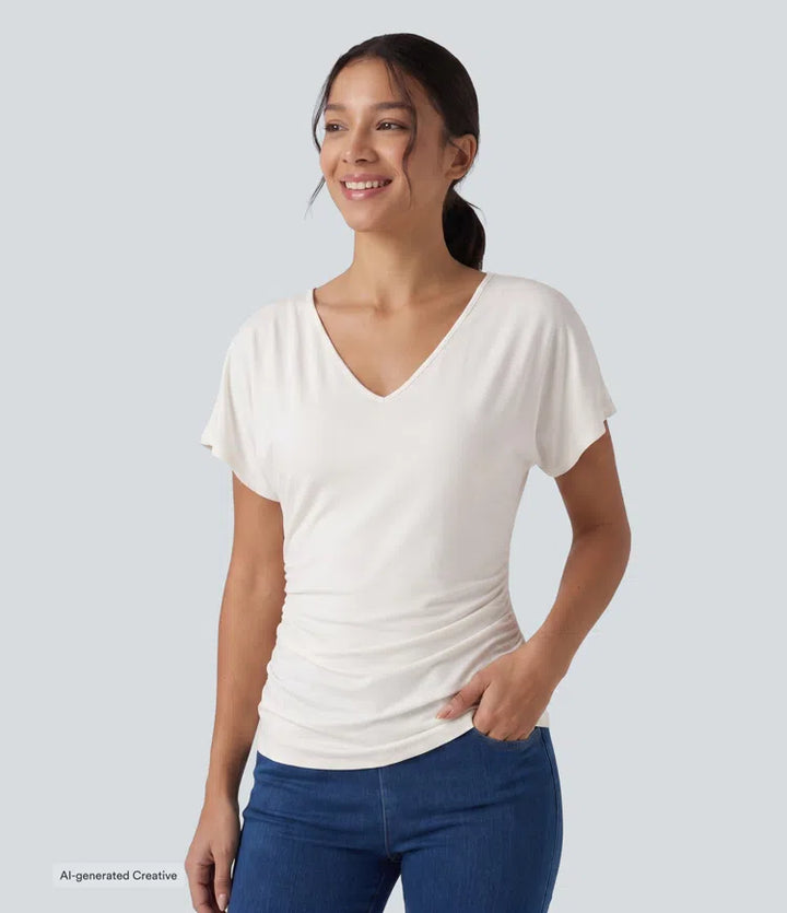 V-Neck Short Sleeve Ruched Slim Casual T-Shirt