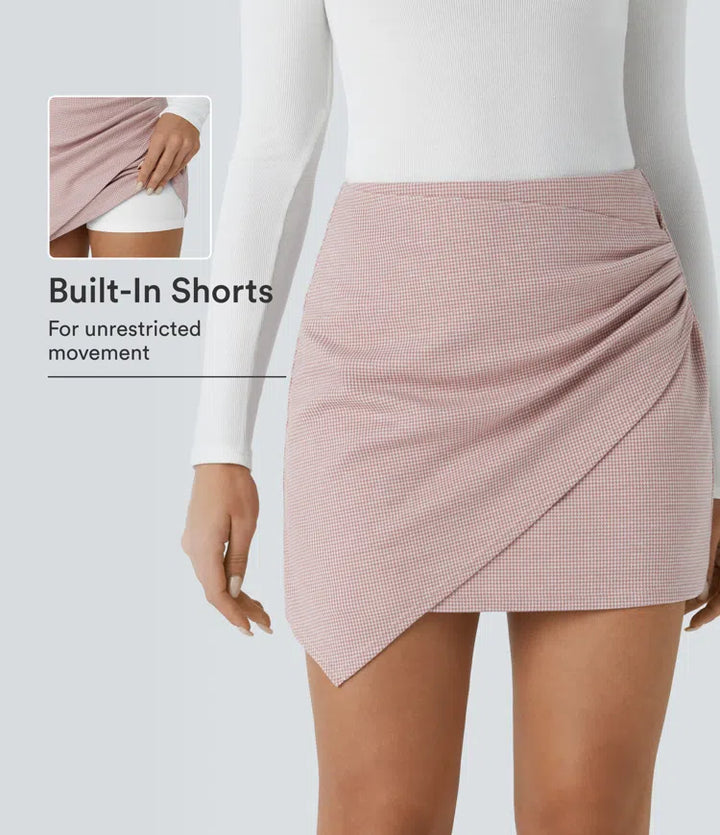 High Waisted Asymmetric Ruched 2-in-1 Houndstooth Mini Work Skirt