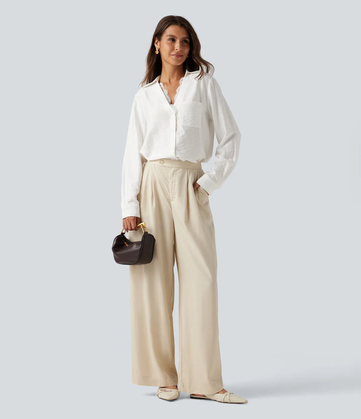 V Neck Contrast Lace Long Sleeve Work Shirt with Pocket