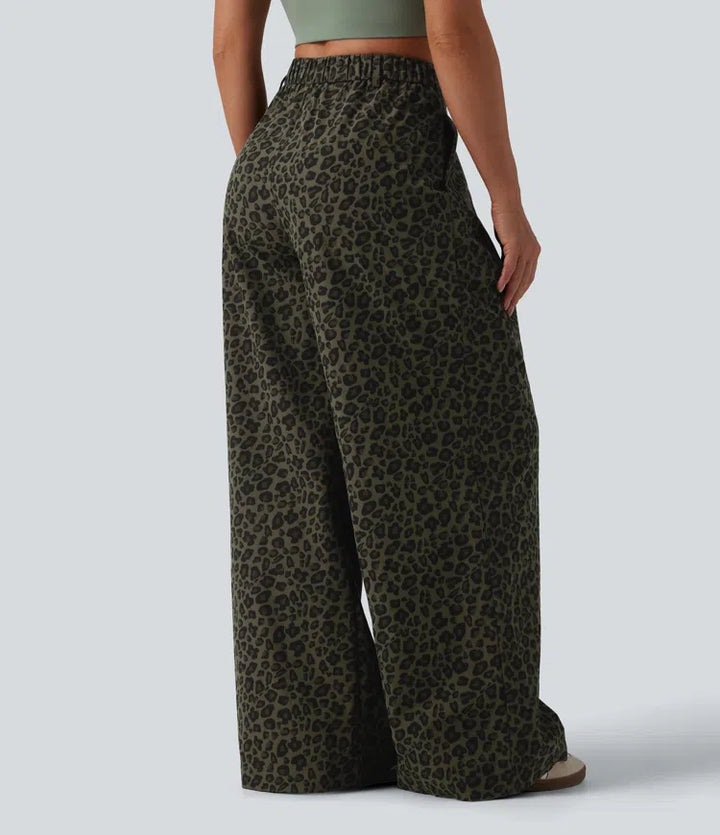 Mid Rise Wide Leg Baggy Leopard Print Casual Pants with Pockets