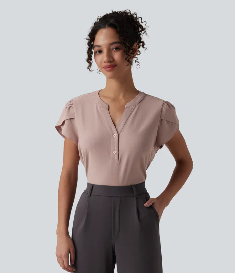 V-neck Petal Short Sleeve Work Blouse