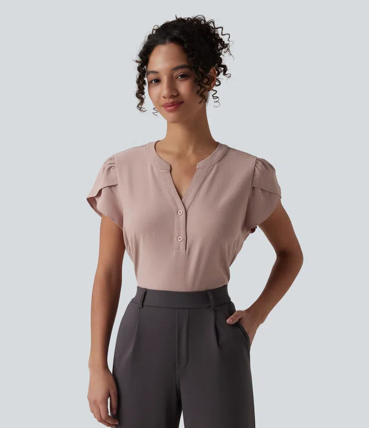 V-neck Petal Short Sleeve Work Blouse
