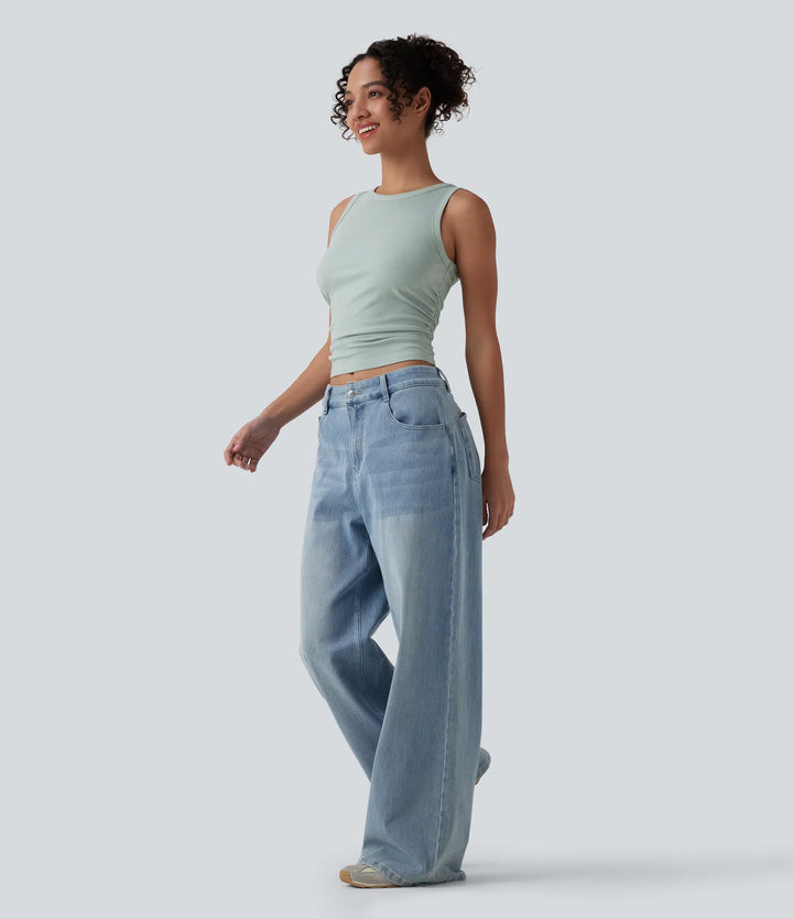 Ribbed Knit Round Neck Ruched Casual Tank Top