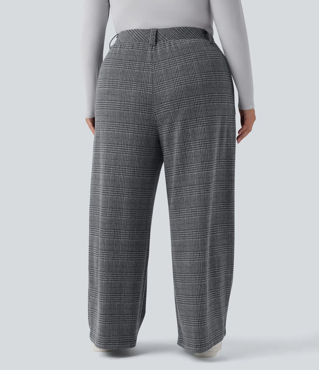 Plus Size High Waisted Wide Leg Houndstooth Plaid Casual Pants with Pockets