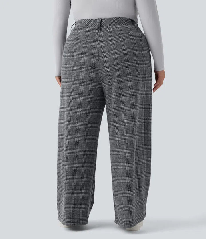 Plus Size High Waisted Wide Leg Houndstooth Plaid Casual Pants with Pockets