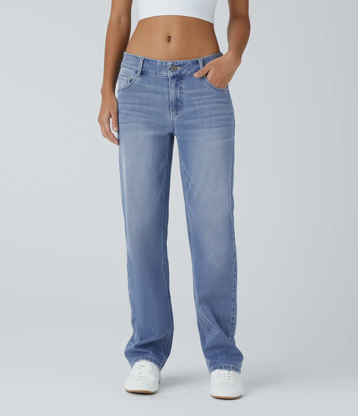 Halara Flex Low Rise Zipper Pockets Straight Leg Washed Casual Jeans