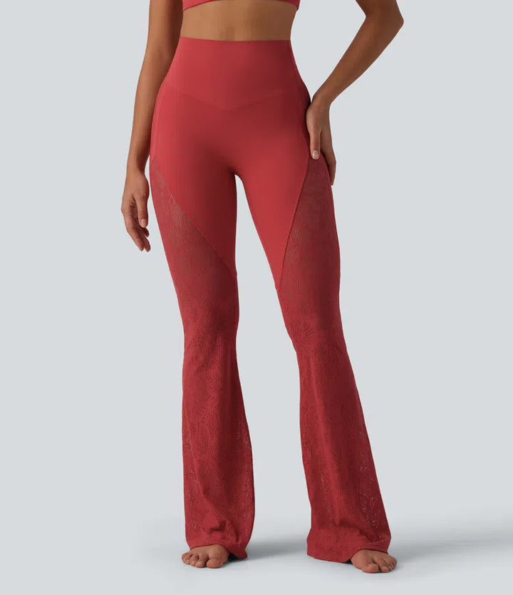 Halara UltraSculpt High Waisted Tummy Control Contrast Lace Yoga Flare Leggings with Pocket